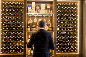 Middle-aged handsome man chooses a bottle of wine