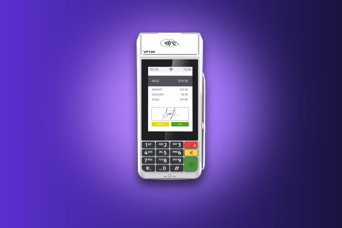 Valor VP100 credit card terminal in use