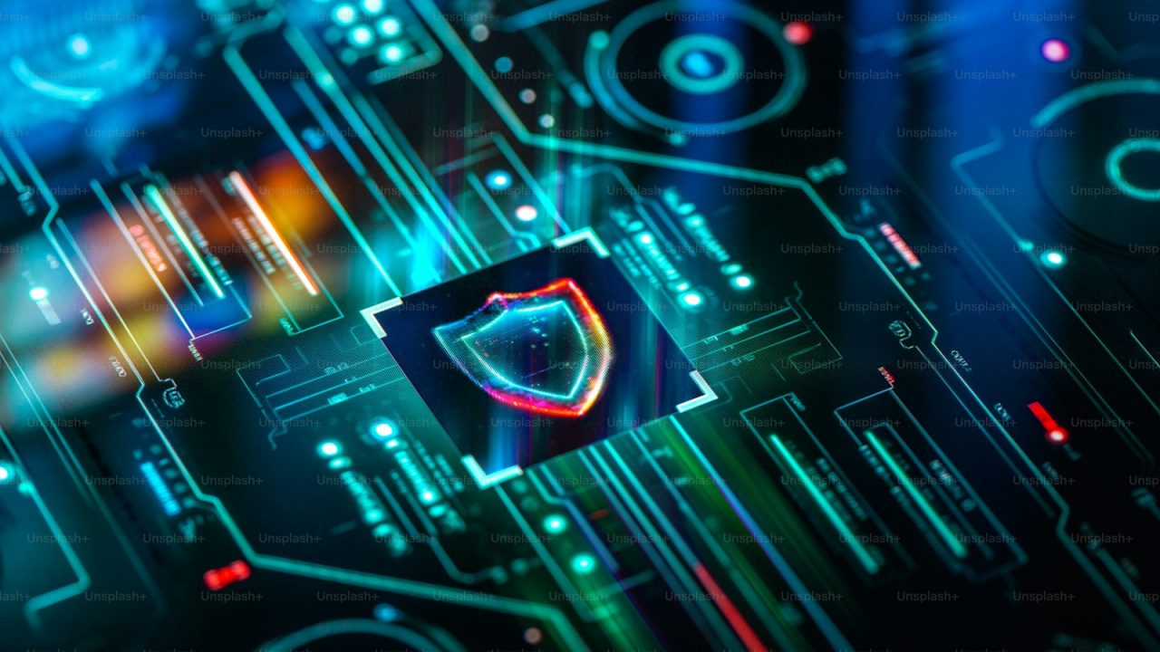 Digital security and privacy background. Cyber and crypto security shield on futuristic screen technology background.